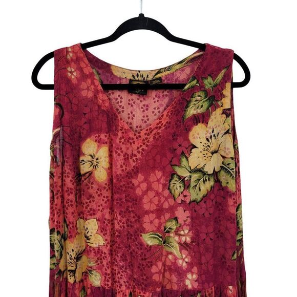 Vtg BILA Womens Pink Floral Crinkle Drop Waist Maxi Dress Sz L Pockets Rayon - Picture 4 of 12